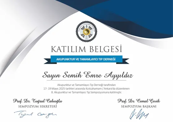 Katılım Belgesi — 8. Akupunktur ve Tamamlayıcı Tıp Sempozyumu — Akupunktur ve Tamamlayıcı Tıp Derneği, 2025. Belge görseli.
