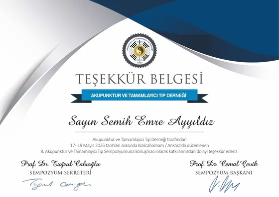 Teşekkür Belgesi — 8. Akupunktur ve Tamamlayıcı Tıp Sempozyumu (konuşmacı) — Akupunktur ve Tamamlayıcı Tıp Derneği, 2025. Belge görseli.