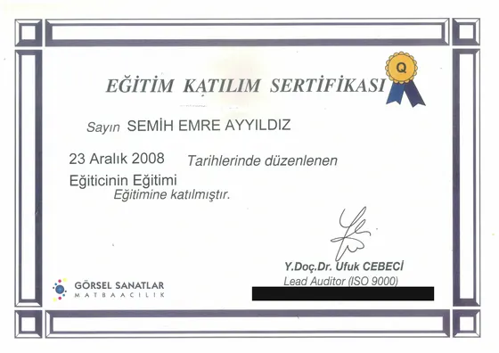 Eğitim Katılım Sertifikası — Eğiticinin Eğitimi — Düzenleyen kurum belgede belirtilmemiştir, 2008. Belge görseli.