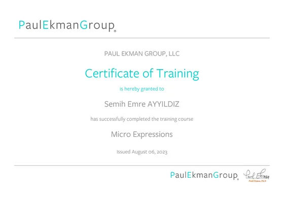 Certificate of Training — Micro Expressions — Paul Ekman Group, 2023. Belge görseli.