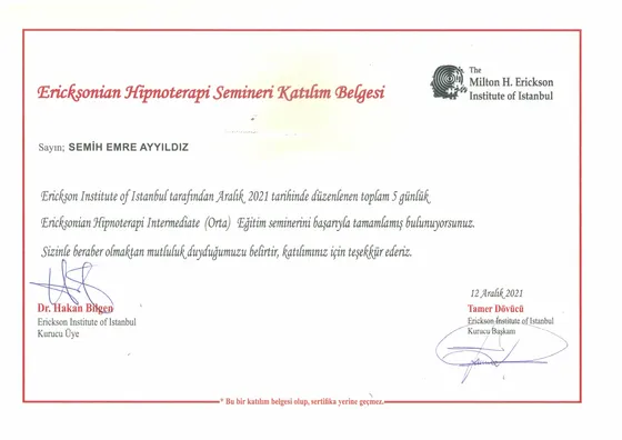 Ericksonian Hipnoterapi Semineri Katılım Belgesi — Intermediate (Orta) — The Milton H. Erickson Institute of Istanbul, 2021. Belge görseli.