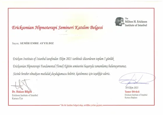 Ericksonian Hipnoterapi Semineri Katılım Belgesi — Fundamental (Temel) — The Milton H. Erickson Institute of Istanbul, 2021. Belge görseli.