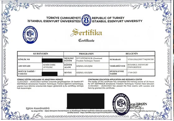 Sertifika — EFT Eğitmenlik (Emotional Freedom Techniques Trainer) — İstanbul Esenyurt Üniversitesi Sürekli Eğitim Uygulama ve Araştırma Merkezi, 2023. Belge görseli.