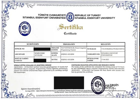 Sertifika — NLP Eğitmenlik (Neuro Linguistic Programming Trainer) — İstanbul Esenyurt Üniversitesi Sürekli Eğitim Uygulama ve Araştırma Merkezi, 2023. Belge görseli.