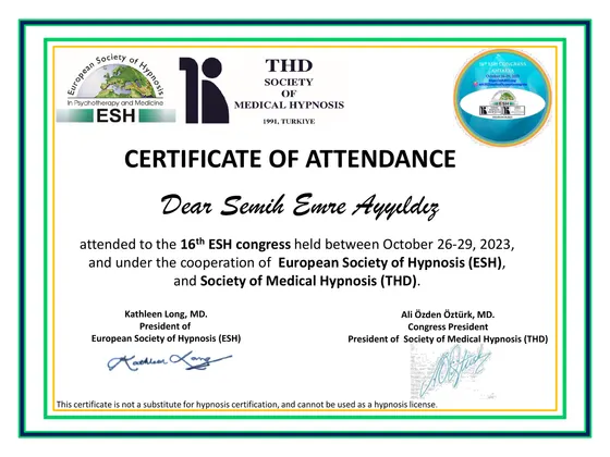 Certificate of Attendance — 16th ESH Congress, Antalya — European Society of Hypnosis · Tıbbi Hipnoz Derneği, 2023. Belge görseli.