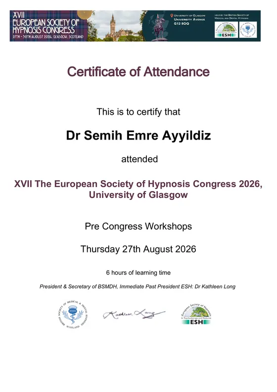 Certificate of Attendance — XVII ESH Congress 2026, Pre Congress Workshops — European Society of Hypnosis · University of Glasgow, 2026. Belge görseli.