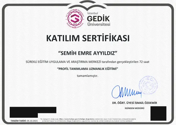 Katılım Sertifikası — Profil Tanımlama Uzmanlık Eğitimi — İstanbul Gedik Üniversitesi Sürekli Eğitim Uygulama ve Araştırma Merkezi, 2021. Belge görseli.