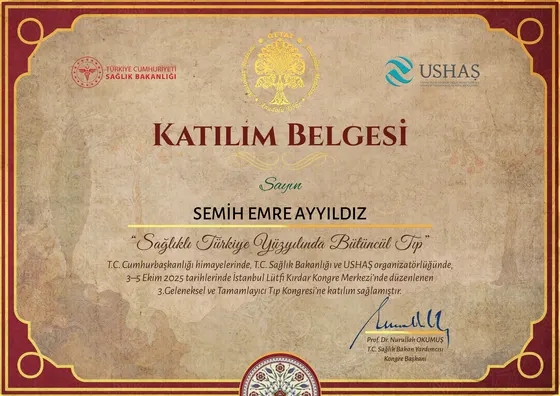 Katılım Belgesi — 3. Geleneksel ve Tamamlayıcı Tıp Kongresi — T.C. Sağlık Bakanlığı · USHAŞ, 2025. Belge görseli.
