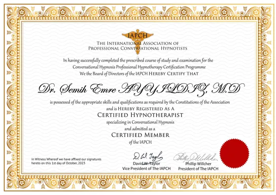 Certificate — Conversational Hypnosis Professional Hypnotherapy Certification Program (CHPHT) — International Association of Professional Conversational Hypnotists (IAPCH) · Hypnosis Training Academy, 2023. Belge görseli.