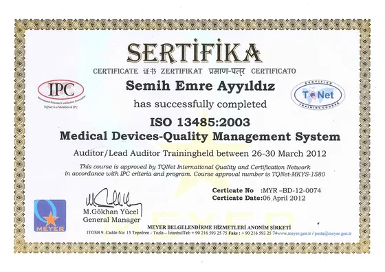 ISO 13485:2003 Medical Devices — Quality Management System — Auditor / Lead Auditor Training — Meyer Belgelendirme Hizmetleri (TQNet / IPC onaylı kurs), 2012. Belge görseli.