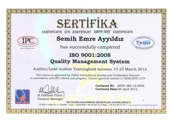 ISO 9001:2008 Quality Management System — Auditor / Lead Auditor Training — Meyer Belgelendirme Hizmetleri (TQNet / IPC onaylı kurs), 2012. Belge görseli.