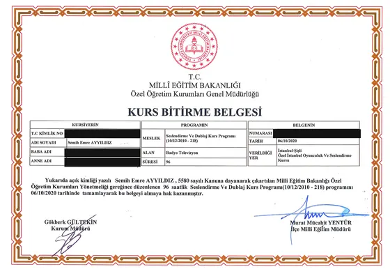 Kurs Bitirme Belgesi — Seslendirme ve Dublaj Kurs Programı — T.C. Millî Eğitim Bakanlığı Özel Öğretim Kurumları Genel Müdürlüğü, 2020. Belge görseli.