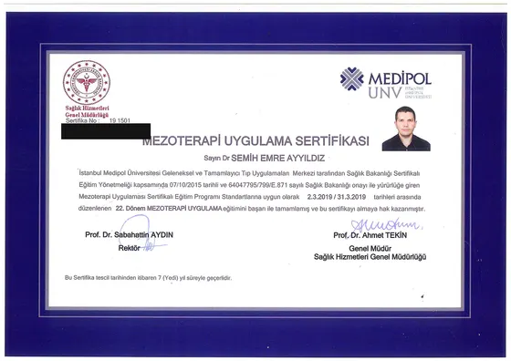 Mezoterapi Uygulama Sertifikası — İstanbul Medipol Üniversitesi — T.C. Sağlık Bakanlığı Sertifikalı Eğitim Programı (22. Dönem), 2019. Belge görseli.