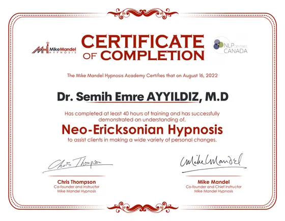 Certificate of Completion — Neo-Ericksonian Hypnosis — Mike Mandel Hypnosis Academy, 2022. Belge görseli.