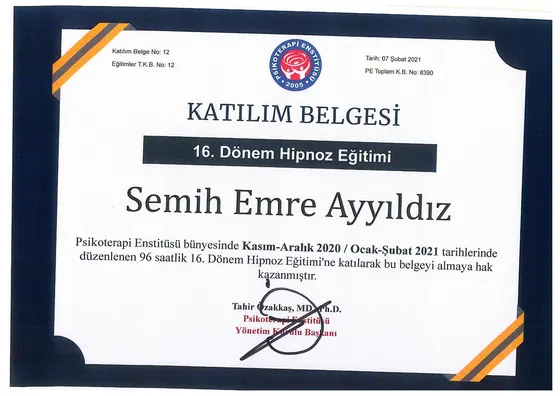 Katılım Belgesi — 16. Dönem Hipnoz Eğitimi — Psikoterapi Enstitüsü, 2021. Belge görseli.