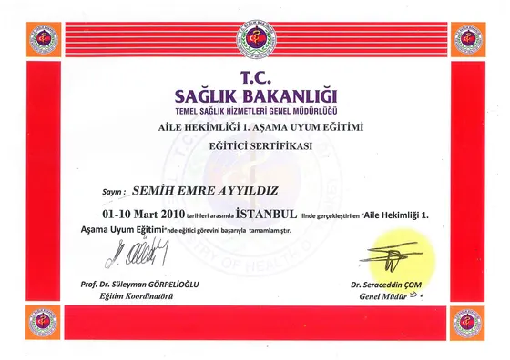 Aile Hekimliği 1. Aşama Uyum Eğitimi — Eğitici Sertifikası — T.C. Sağlık Bakanlığı Temel Sağlık Hizmetleri Genel Müdürlüğü, 2010. Belge görseli.