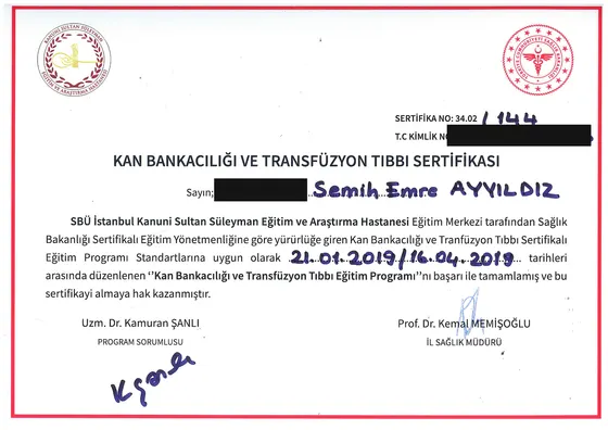 Kan Bankacılığı ve Transfüzyon Tıbbı Sertifikası — SBÜ İstanbul Kanuni Sultan Süleyman Eğitim ve Araştırma Hastanesi — T.C. Sağlık Bakanlığı Sertifikalı Eğitim Programı, 2019. Belge görseli.