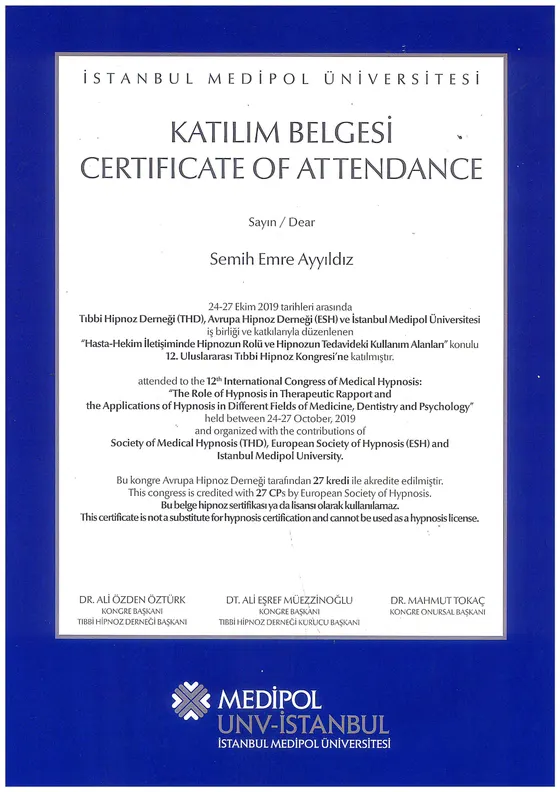 Katılım Belgesi — 12. Uluslararası Tıbbi Hipnoz Kongresi — Tıbbi Hipnoz Derneği · Avrupa Hipnoz Derneği (ESH) · İstanbul Medipol Üniversitesi, 2019. Belge görseli.