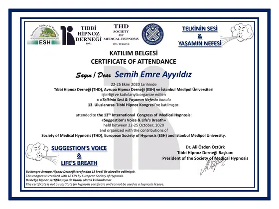 Katılım Belgesi — 13. Uluslararası Tıbbi Hipnoz Kongresi — Tıbbi Hipnoz Derneği · Avrupa Hipnoz Derneği (ESH) · İstanbul Medipol Üniversitesi, 2020. Belge görseli.