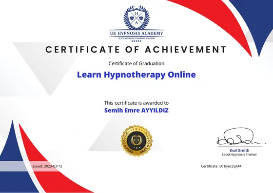 Certificate of Achievement — Learn Hypnotherapy Online — UK Hypnosis Academy, 2023. Belge görseli.