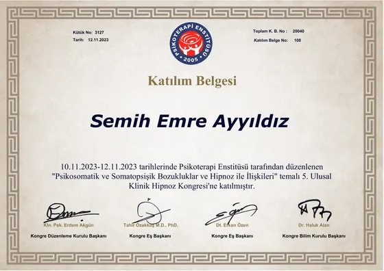 Katılım Belgesi — 5. Ulusal Klinik Hipnoz Kongresi — Psikoterapi Enstitüsü, 2023. Belge görseli.