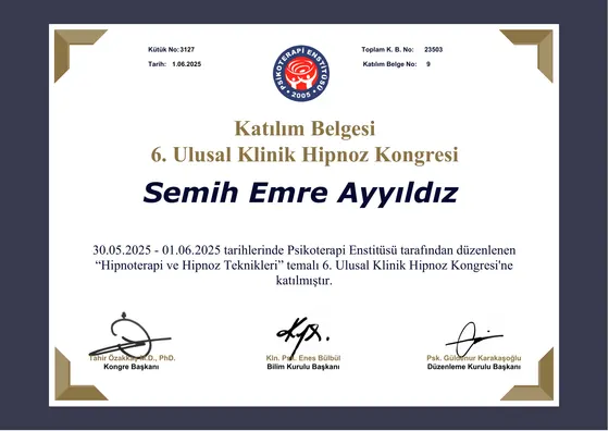 Katılım Belgesi — 6. Ulusal Klinik Hipnoz Kongresi — Psikoterapi Enstitüsü, 2025. Belge görseli.